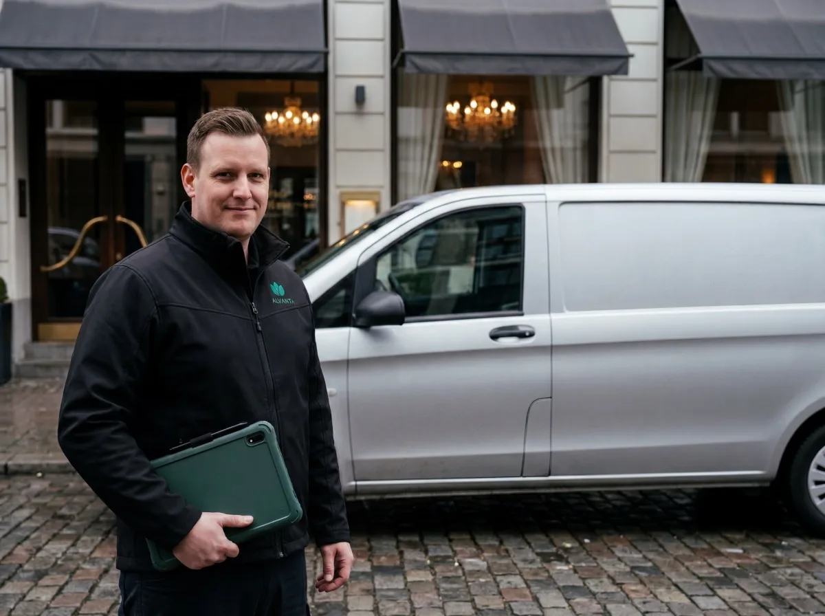 Alvanta Servicetechniker bei Ankunft vor einem Restaurant